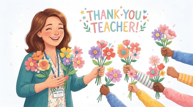 Happy teacher receiving flowers from students