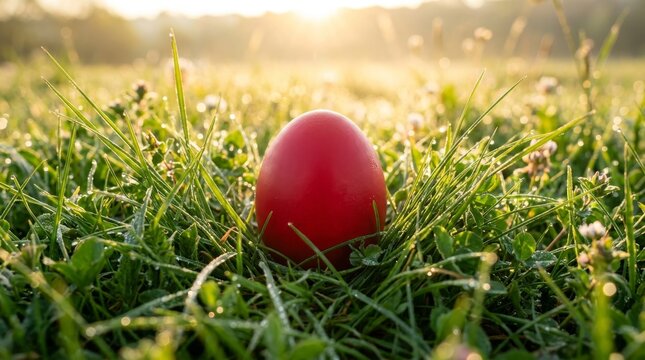 A single red egg nestled in lush green grass under soft morning light.