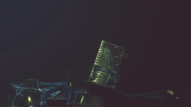 In a dimly lit space, ancient artifacts rest elegantly among tools and weapons. The unique textures and intricate designs hint at stories of a distant past waiting to be uncovered.