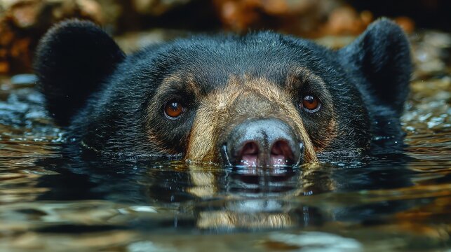Sun bear swimming, head above water. Lustrous fur, amber eyes. Calm demeanor hints at its semi-aquatic life