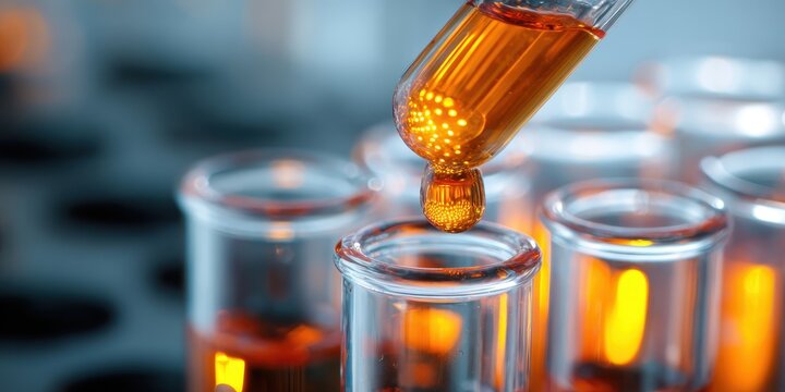 Close-up shows a golden liquid being transferred into test tubes, highlighting laboratory research and the scientific experiments crucial to medical advancements