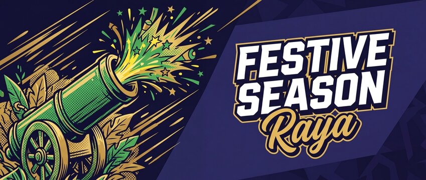 Hari Raya festive cannon banner celebrating Eid Mubarak holiday with fireworks explosion, retro comic vector graphic design of traditional bamboo cannon shooting stars. Selamat Hari Raya Aidilfitri.