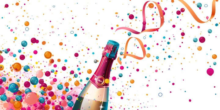 Sparkling champagne bottle popping with colorful confetti explosion