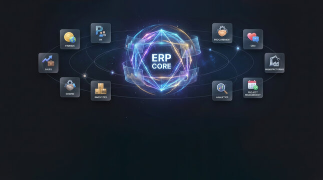 ERP core network diagram illustrates integrated enterprise software modules on a dark background.