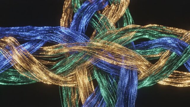 Intertwined Strands of Light: Abstract composition of glowing, intertwined strands in blue, green, and gold, creating a mesmerizing pattern of light and color.