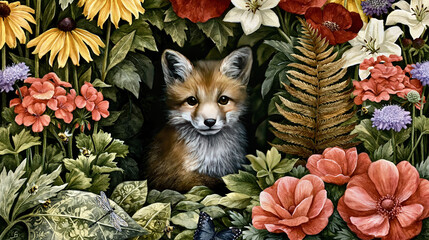Fototapeta premium Curious Fox Peeking Through Lush Wildflowers