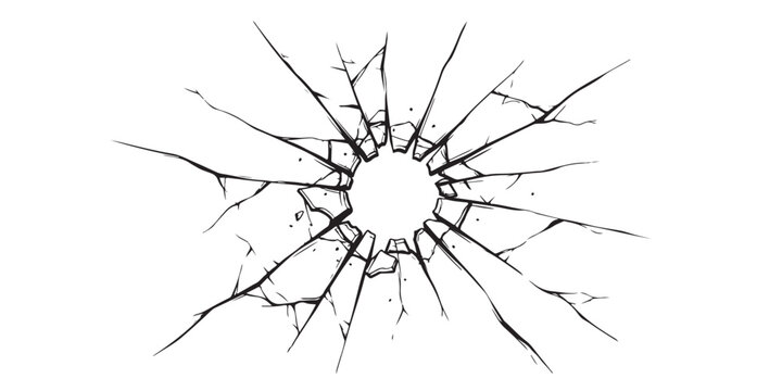 Black and white illustration of broken glass with a circular hole in the center