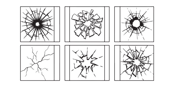 Set of six black and white icons showing different patterns of broken and shattered glass windows