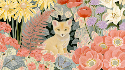 Fototapeta premium Young Fox Sitting Among Colorful Wildflowers