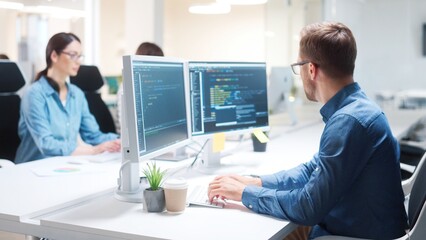 Young Caucasian IT programer working on desktop computers in data center control room. Professional man worker writing on sophisticated programming code language in modern office. Internet technology © VAKSMANV