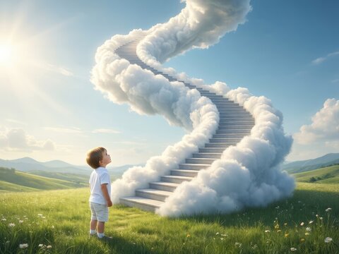 Child stands on grass looking up at a swirling staircase made of clouds under a bright sky