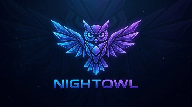 Geometric owl icon with glowing blue wings against a dark background