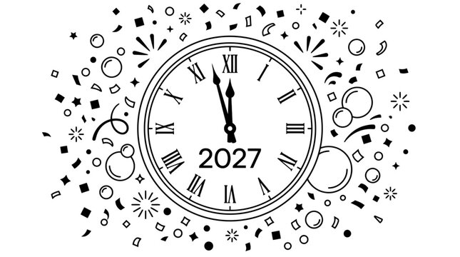 Minimalist black and white line art illustration of a round clock with Roman numerals and the year 2027, featuring confetti, streamers, and stars for a New Year's Eve countdown celebration.