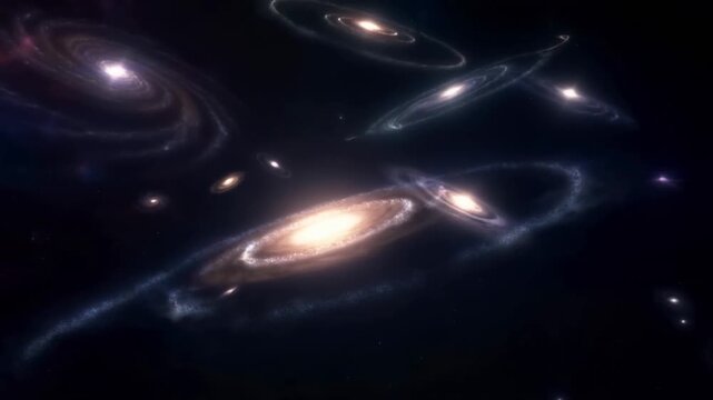 Slow motion tracking shot of spiral galaxies rotating and drifting across deep outer space cosmic expanse