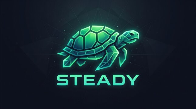 Geometric turtle illustration with glowing teal facets and dark background