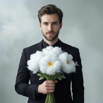 Man holding a bouquet of fluffy white flowers with a yellow center in front of a gray background