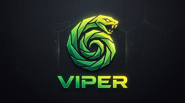 Geometric viper illustration with polygonal facets and vibrant green coloration