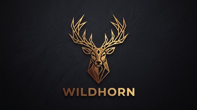 Golden stag head illustration with geometric lines and wordmark below