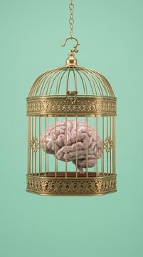 A realistic anatomical brain model sits centered inside an ornate golden birdcage suspended against a solid mint green background, creating a surreal visual metaphor for trapped human intelligence.