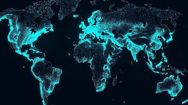 Time lapse zoom pan tracking of world map mapping glowing data points across earth oceans and coastlines in dark neon cyan digital visualization