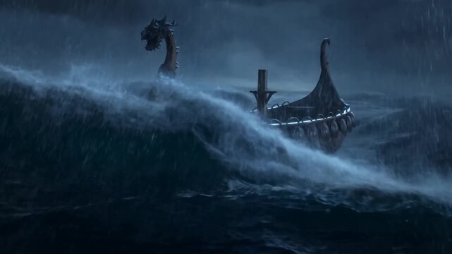 Tracking shot of viking longship plunging and rising through towering waves in a violent storm on open ocean at night with driving rain and wind