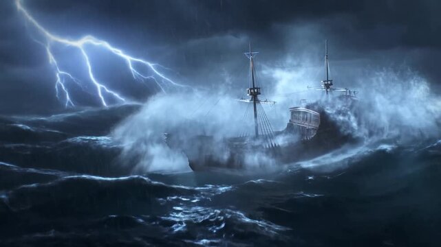 Tracking shot of wooden sailing ship pitching and rolling while battling towering waves and lightning in stormy open ocean at night