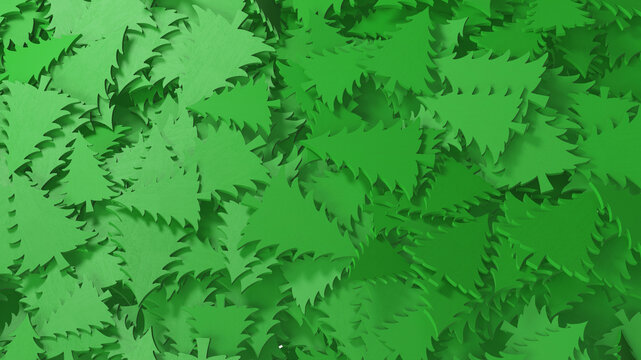 Green wooden Christmas tree heap background, holiday pattern, 3D render