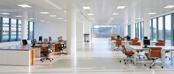 Obraz premium Freshly cleaned modern office interior with wooden desks and ergonomic chairs under bright natural light