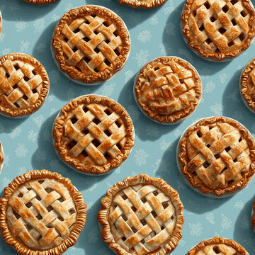 Seamless pattern with baked apple pies with lattice crust on blue background. Homemade pastry dessert illustration for bakery packaging, kitchen textile, wallpaper and thanksgiving design.