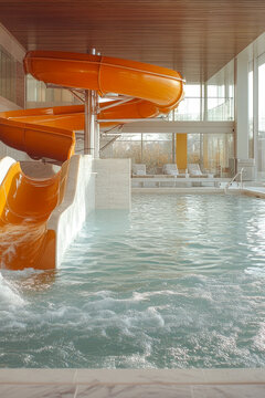 A water slide in a swimming pool with people enjoying the fun. vertical frame