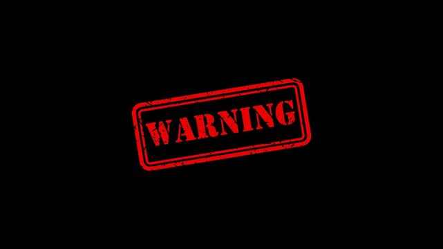 Red warning stamp animation on black background, grunge rubber seal effect for alerts and notifications