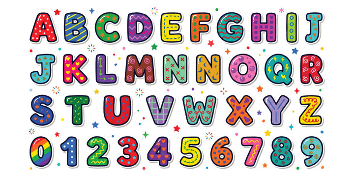 Colorful cartoon alphabet letters and numbers set with patterns and doodle style for kids design