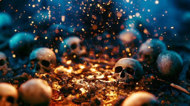 Mystical macro shot of human skulls and bones amidst glowing embers and golden sparks in dark teal