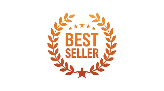 Best seller golden emblem vector illustration featuring a circular laurel wreath and five shining star icons