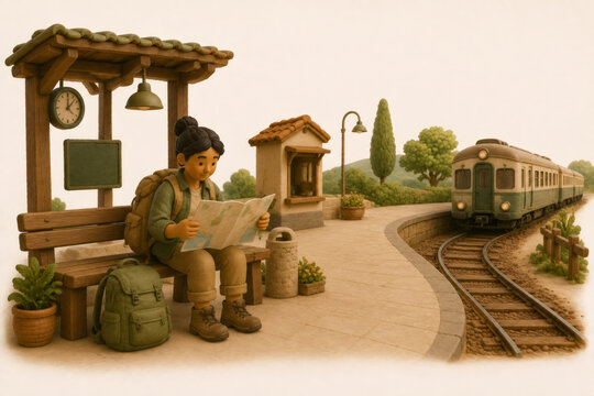 Traveler reading paper map at countryside train station platform miniature style