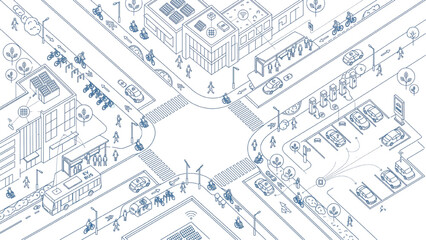 Fototapeta premium Smart Urban Mobility Infrastructure with Pedestrians, Cyclists, Electric Vehicles and Public Transport, Top View CAD Vector