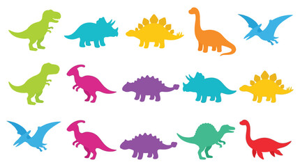 Colorful dinosaur silhouettes are arranged on a white background © Upomacreation