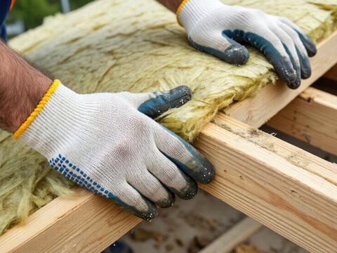 Workers install insulation material on wooden beams during construction in a residential area in daytime