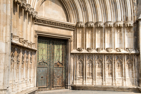 Spain, Catalonia, Girona.  Significant side entrance to the Cathedral de Santa Maria.  Known as the Portico of the Apostles facing the Pla&ccedil;a dels Ap&ograve;stols.