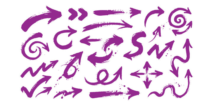 Set of purple hand drawn ink brush arrows in various shapes and directions for design elements