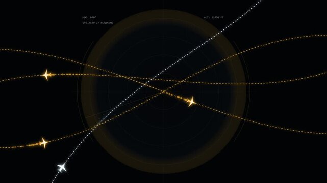 Digital radar screen display showing multiple aircraft flight paths and navigation trajectories in a dark hightech interface environment