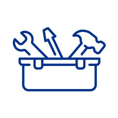 Simple blue line icon of a classic metal toolbox with various maintenance tools transparent background © PNG 