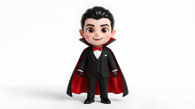 Cute cartoon vampire boy doll wearing a black suit and red cape isolated on white background