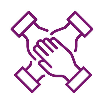 Purple outline icon of four hands stacked together representing teamwork and unity transparent background