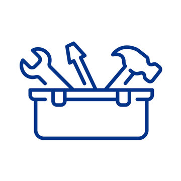 Simple blue line icon of a classic metal toolbox with various maintenance tools transparent background