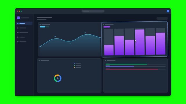 Six data dashboard windows with charts on green screen background