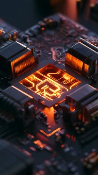 Cinematic macro shot of a high tech motherboard with glowing orange neon circuitry and metallic textures