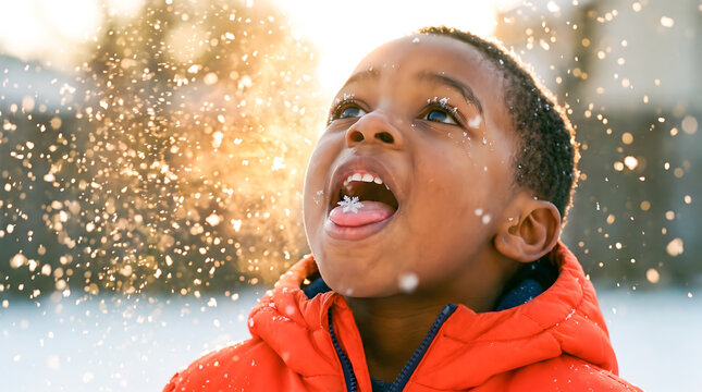Young African boy in orange winter jacket catches snowflakes with mouth outdoors in winter