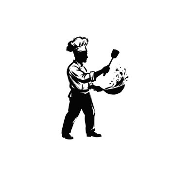 Silhouette chef tossing ingredients in frying pan culinary cook character logo design template.