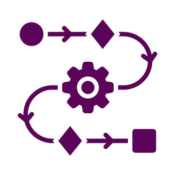 Purple flowchart process icon with a central gear symbol representing system workflow and automated operations transparent background